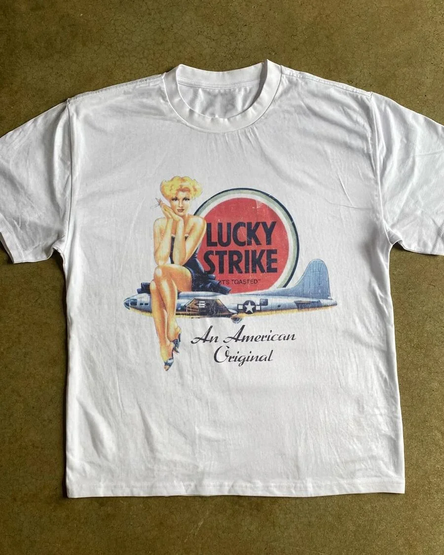 Men's Vintage Graphic Tee Retro Pin-Up Girl WWII Bomber Plane Lucky Strike Poster Print Crew Neck Short Sleeve T-Shirt