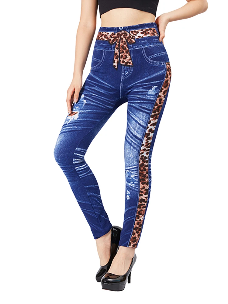 CUHAKCI High Waist Fake Leopard Bow Print Blue Jeggings Stretch Slim Fit Pencil Pant Faux Denim Sexy Women Workout Yoga Legging