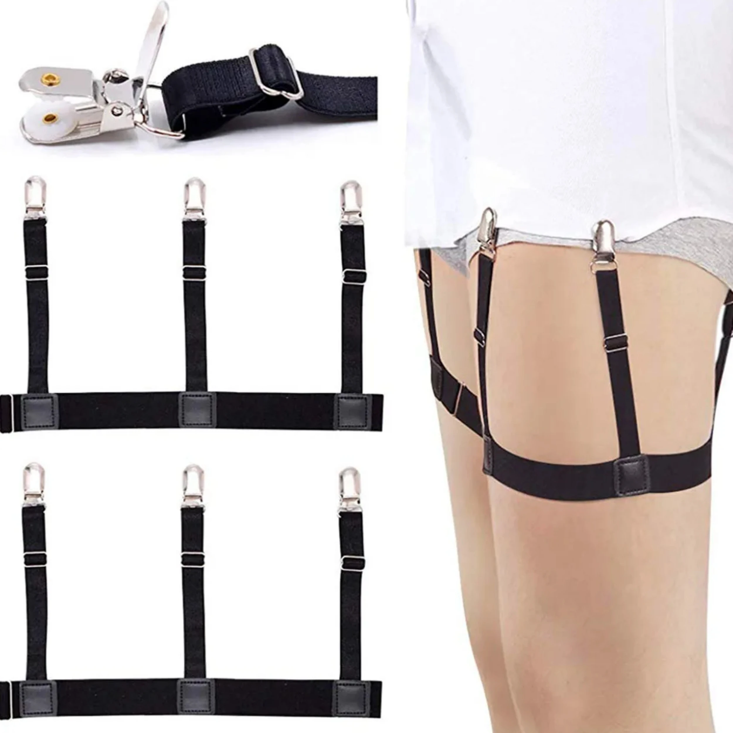 

2pcs Men Shirt Stays Belt With Locking Clamps Adjustable Elastic Shirt Tuckers Garters Shirt Holders Leg Thigh Strap braces