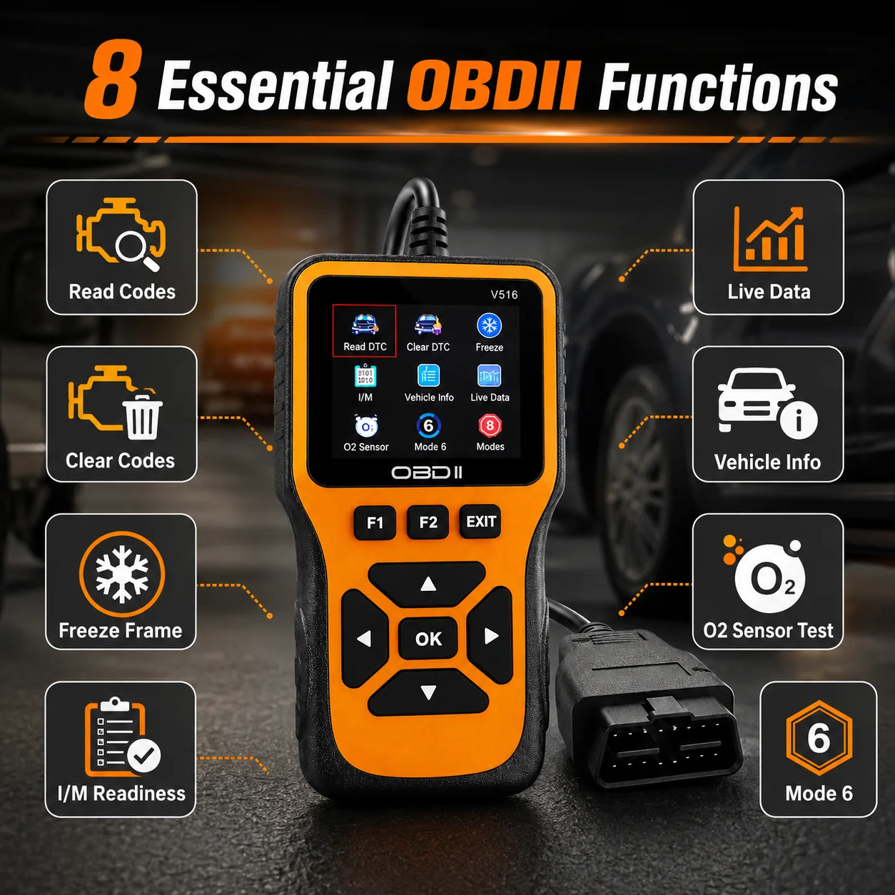 V516 OBD2 Code Reader with Soft Silicone Buttons, 8 Functions Car Diagnostic Scanner Live Data O2 Sensor Test