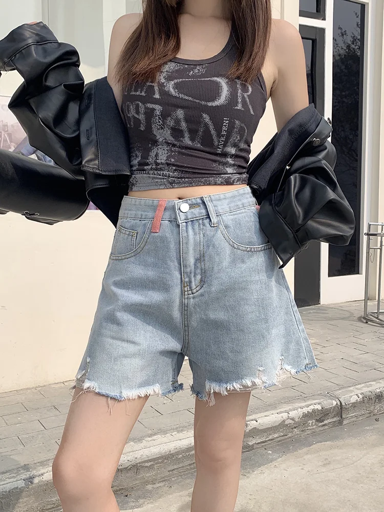 

Slergiri Korean Style Contrast Embroidered Denim Shorts Women Summer High-waisted Loose Raw Hem Wide Leg Shorts Jeans Streetwear