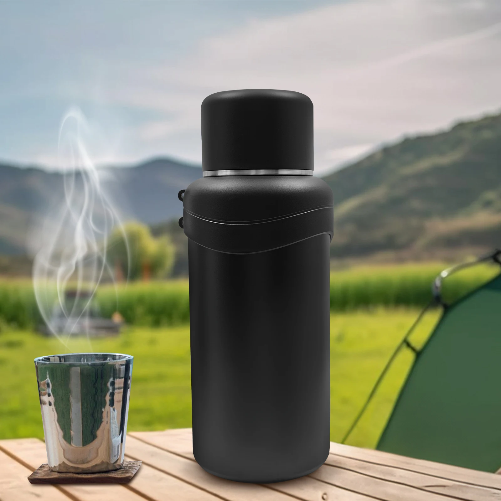 Stainless Steel Insulated Water Bottle 2L Large Capacity Thermal Cup Cylinder Black Bottle with Strap and Cup Lid Travel Outdoor