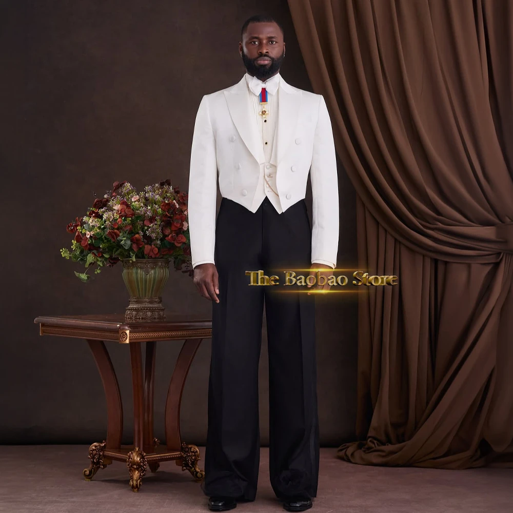 Elegant Men's Suit 3pcs White Short Tuxedo Jacket Vest Pants Custom Slim Fit Set for Wedding Party Dance Concert Performance
