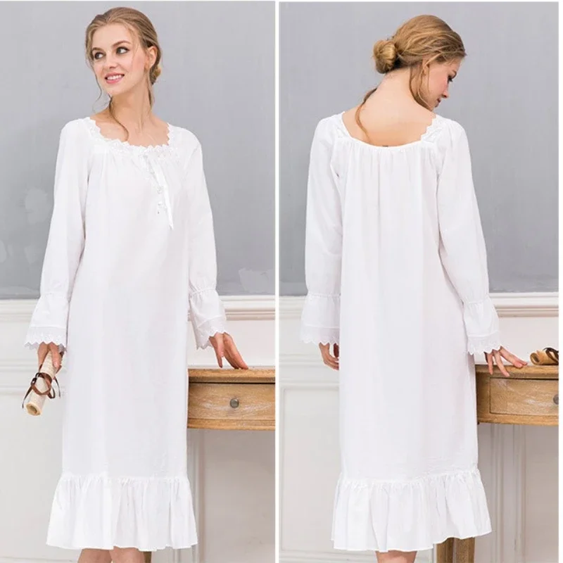 

Victorian Vintage Nightgown Princess Sleepwear Women Autumn White Long Sleeve Robe Peignoir Nightie Gown Pure Cotton Night Dress