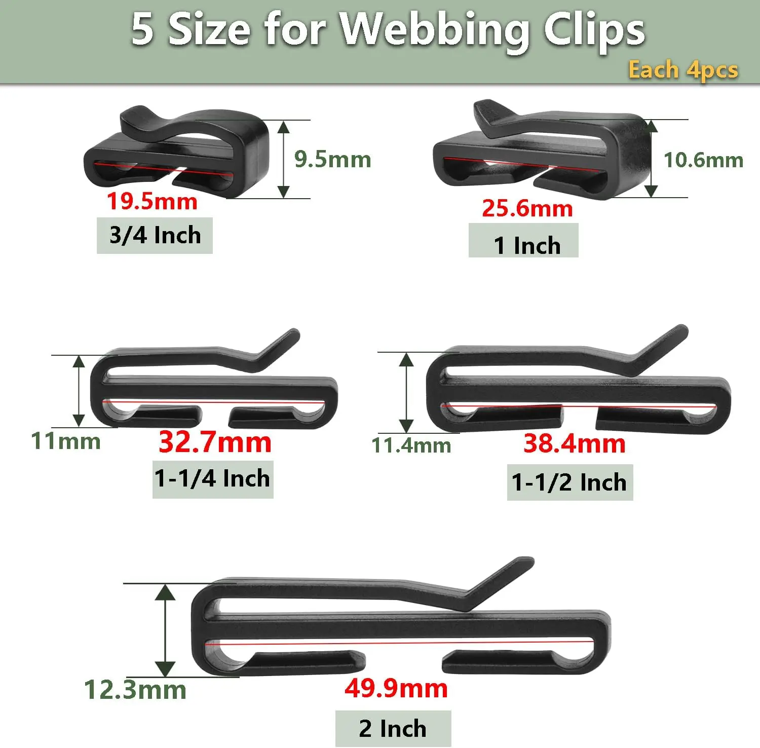 5pcs Quick Slip Keeper Buckle clip Slider For Molle Tactical backpack Adjusting strap webbing 20mm 25mm 32mm 38mm 49mm Black