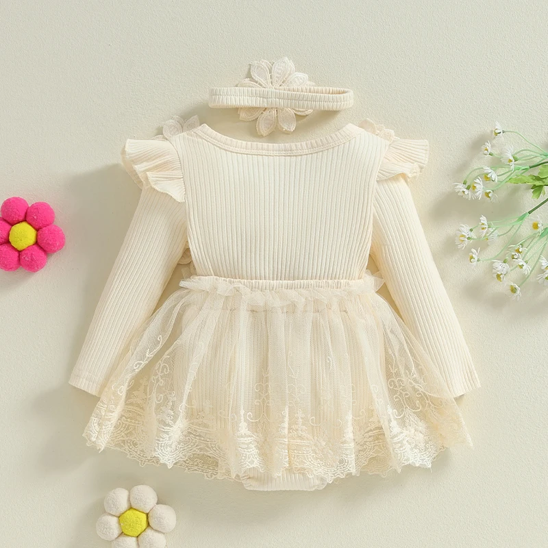 Infant Toddler Girl Romper Dress Newborn Baby Mesh Tull Dress Romper Flowers Lace Fall Winter Festival Clothes with Headband