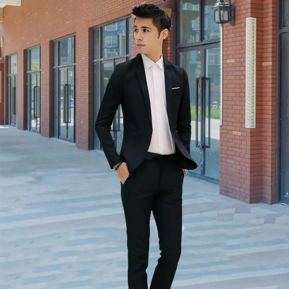 

2Pcs Set Men pants set Slim Fit Business Suit Set Lapel Single Button jacket Coat suit Pants Set Business Outfit