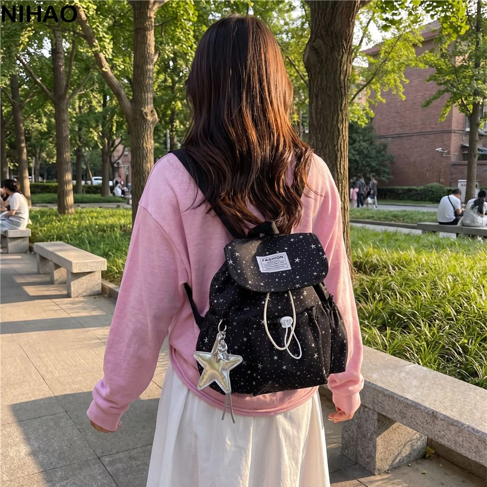 Lightweight Star Print Drawstring Backpack Printed Large Capacity Nylon Backpack College Style Cloth Students School Bag Outdoor