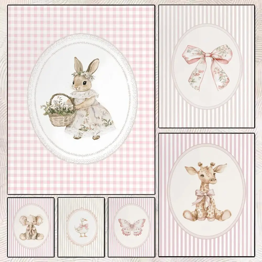 Pink Bow Bunny Bear Duck Giraffe Plane Hot Air Balloon Poster Canvas Wall Art Print Nursery Girls Kids Room Home Decor