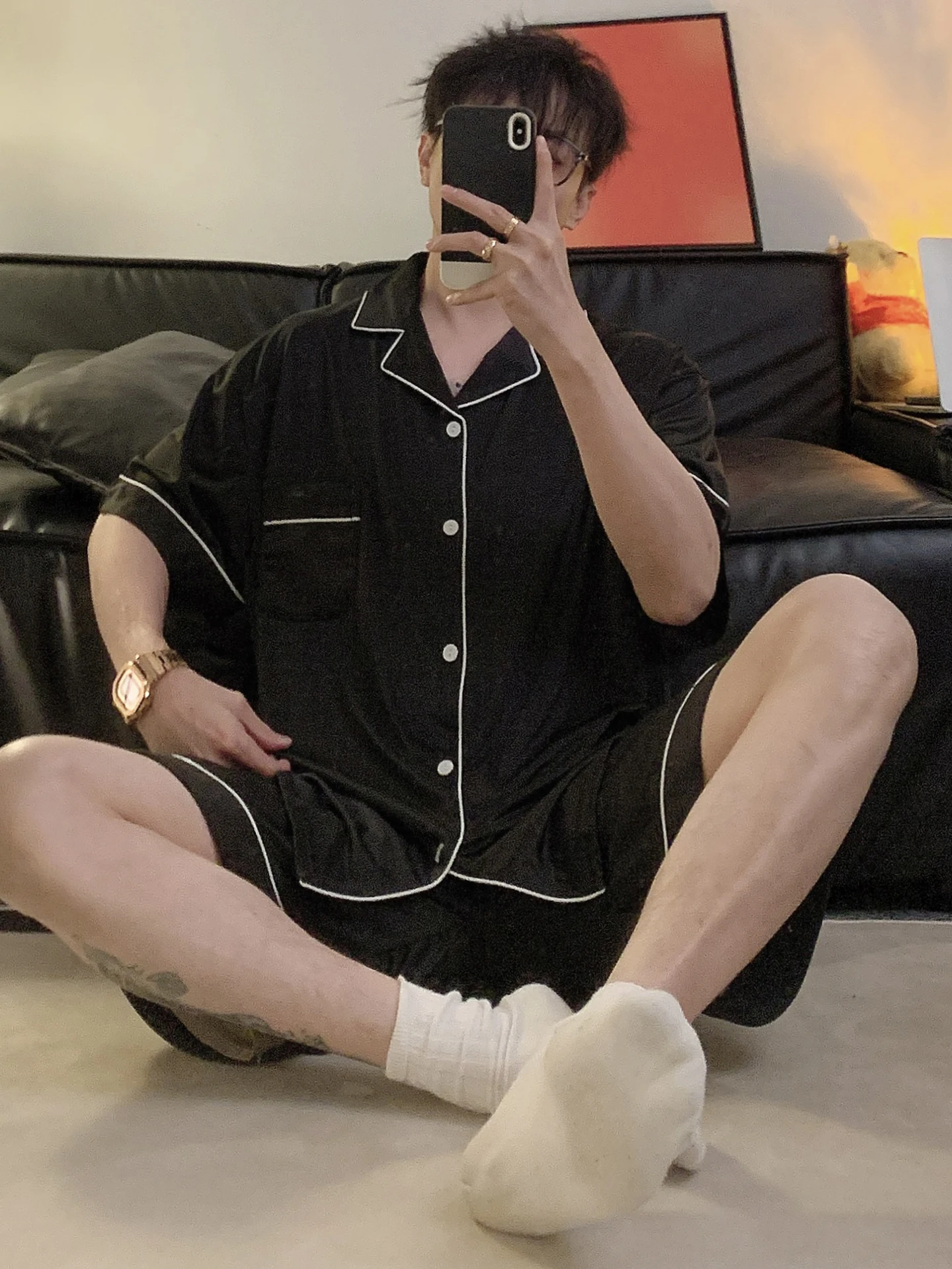 メンズ夏用アイスシルク半袖薄手ホームウェアセット快適で軽量、通気性のある寝間着、屋外に最適