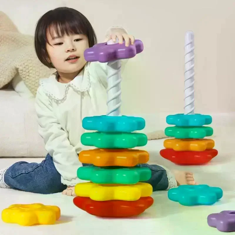 1 Set Baby Spinning Stacking Puzzle Toys Montessori Rotating Rainbow Tower Children Develop Motor Skills Game Kids Gift