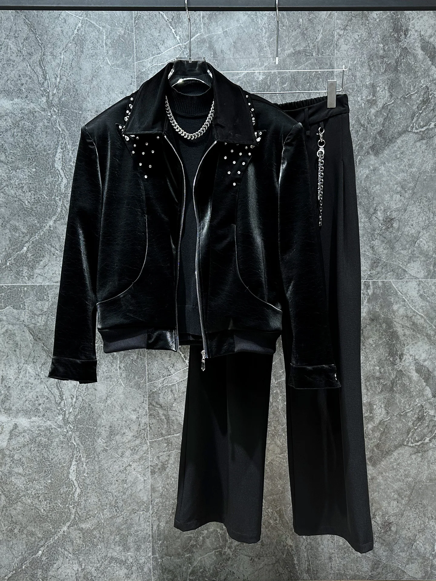 

Heavy Du Bla Diamond Embedded ort PU Leather Jaet for Men Trendy Loose Motorcycle Coat Youth ular Autumn Winter Ou...