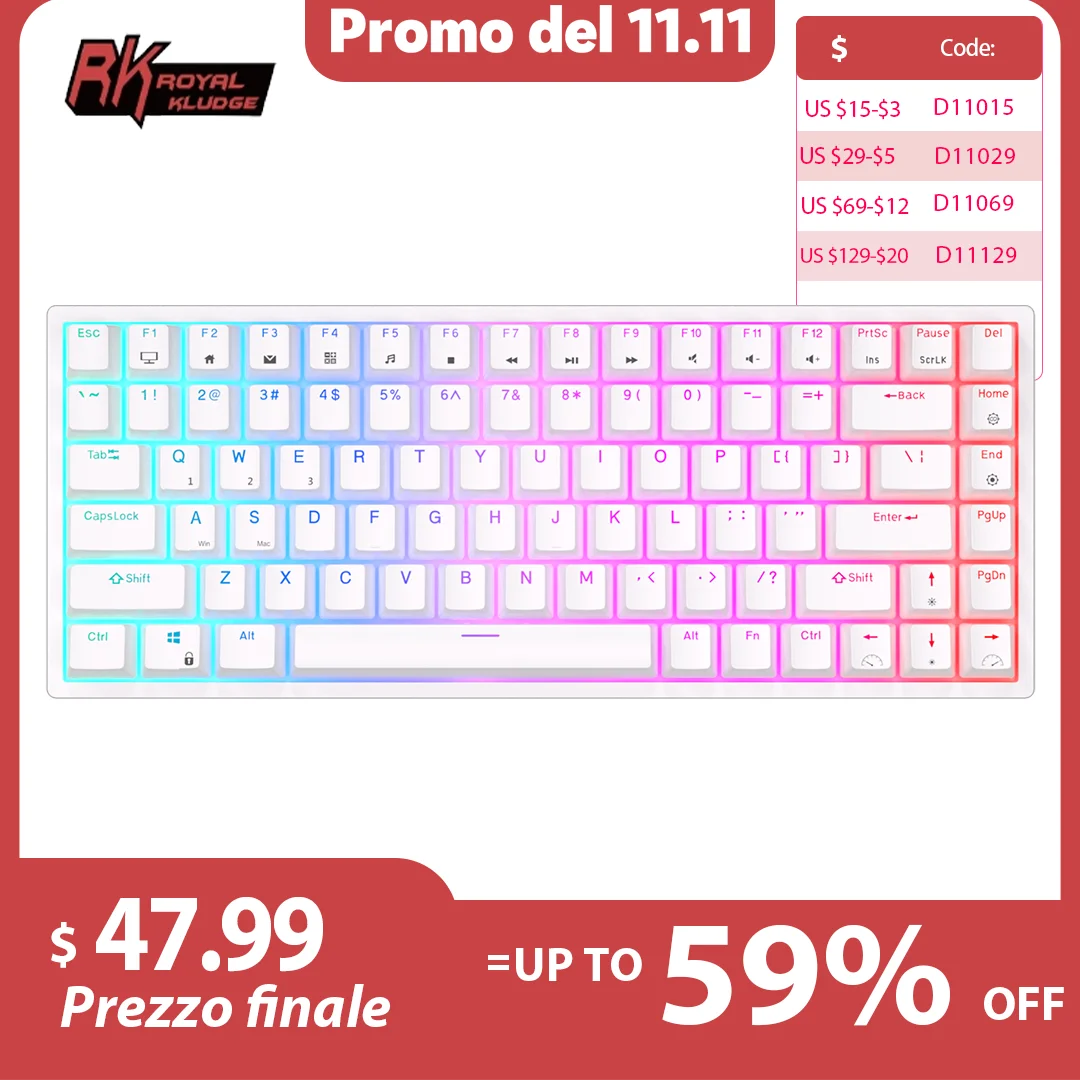 

RK Royal Kludge RK84 Spanish Tri-Mode Mechanical Keyboard Wireless 84 Keys RGB BT5.0/2.4G/Wired Hot-Swappable Gamer Keyboard