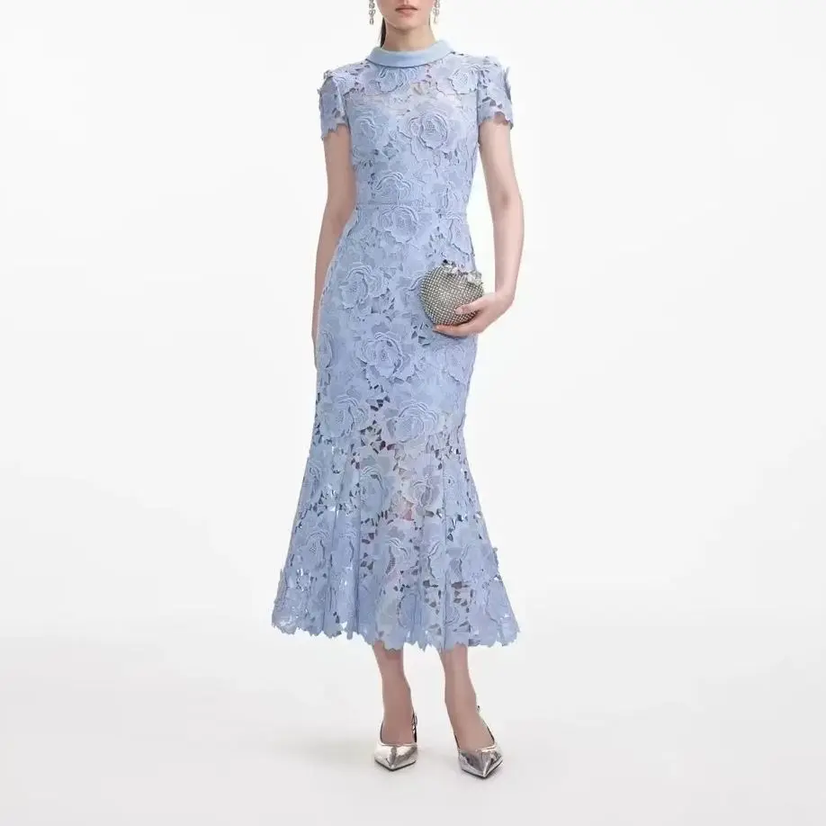 Women Hollow out three-dimensional lace midi dress short sleeve temperament lady dress