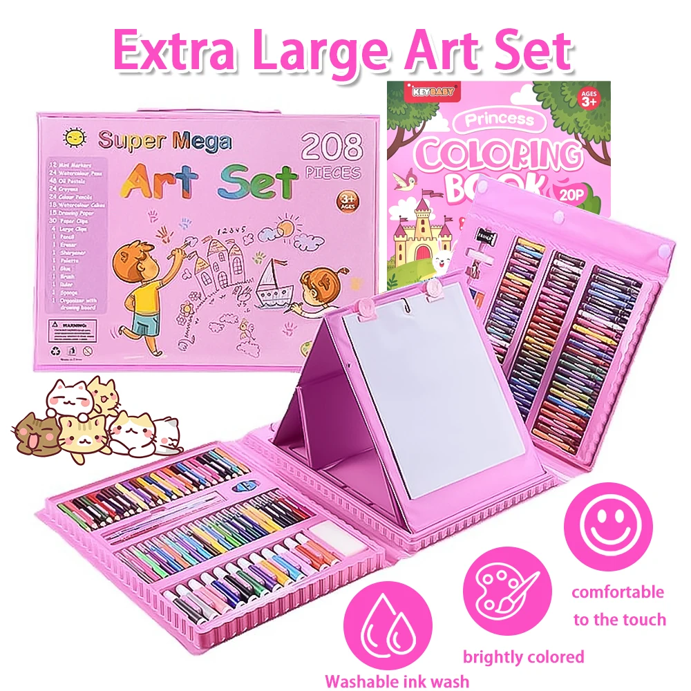 208Pcs Kids Art Painting Set with Easel Washable Marker Crayon Watercolor Drawing Kit Princess Coloring Book Gift for Girls