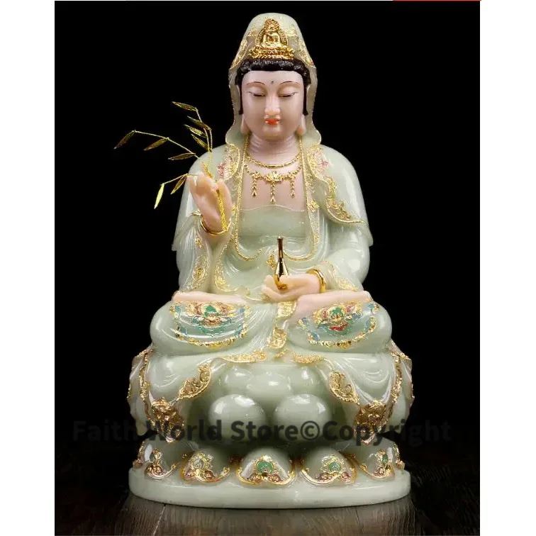 30cm LARGE- high-grade Natural jade gilding Guanyin Buddha home Temple efficacious Talisman Mascot carving Sculpture statue