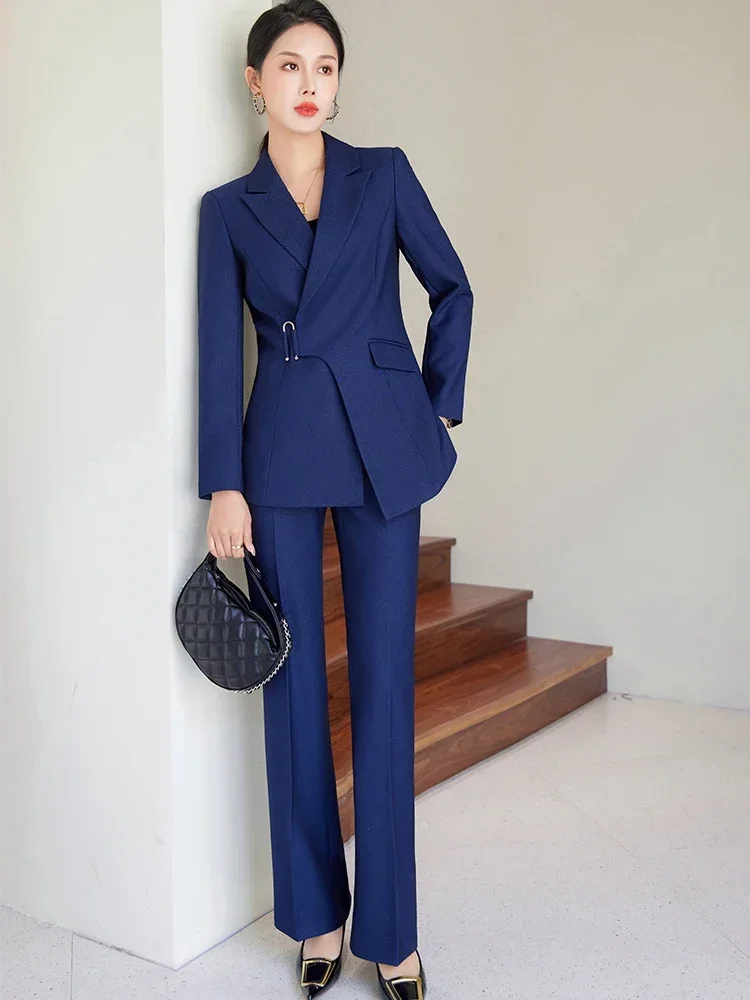 Lady Formal Pant Suit Women Brown Navy Black Fashion Jacket And Trouser Business Work Wear 2 Piece Blazer Sets For Autumn Winter