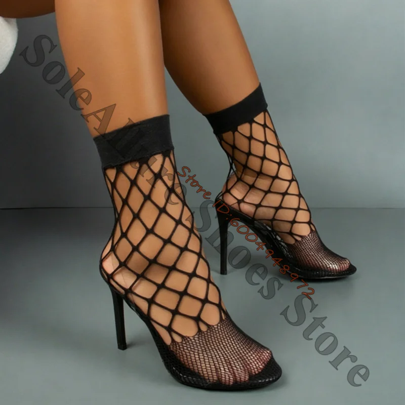 

Stretchy Fishnet Mesh Ankle Booties See Through Square Toe Thin Stiletto Heel Sandals Elegant Night Club Party Women High Heels