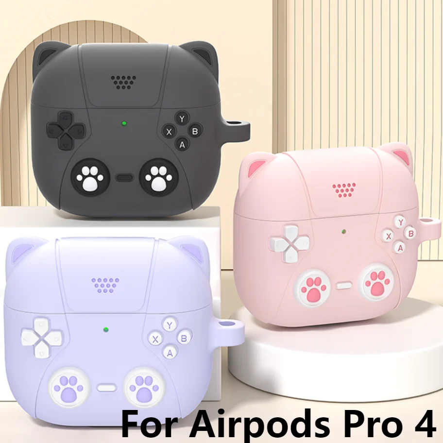 Funda protectora de silicona con patas de gato para auriculares AirPods 4 2024, estuche de carga con gancho para auriculares Air Pods Pro 4