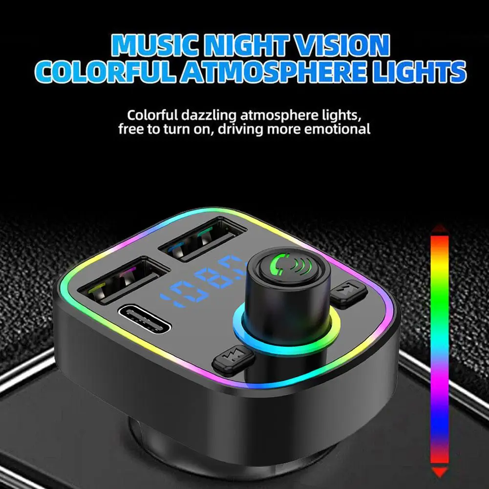 Car Bluetooth 5.0 FM Transmitter PD Type-C Dual USB 3.1A Fast Charger Colorful Ambient Light Handsfree MP3 Modulator Player