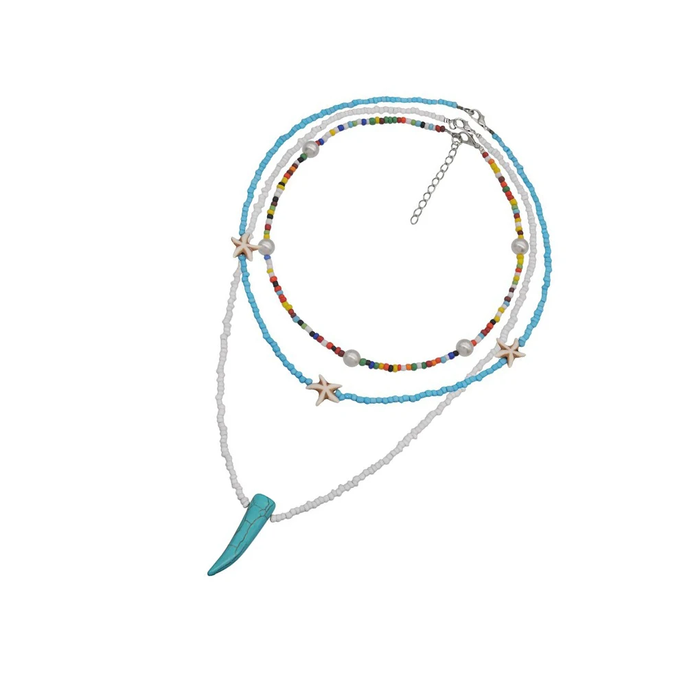 

Colorful Bead Necklace 3 Layered Turquoise Pearl Women Clavicle Chain Vintage Fashion Safe Durable Ideal Gift Necklace