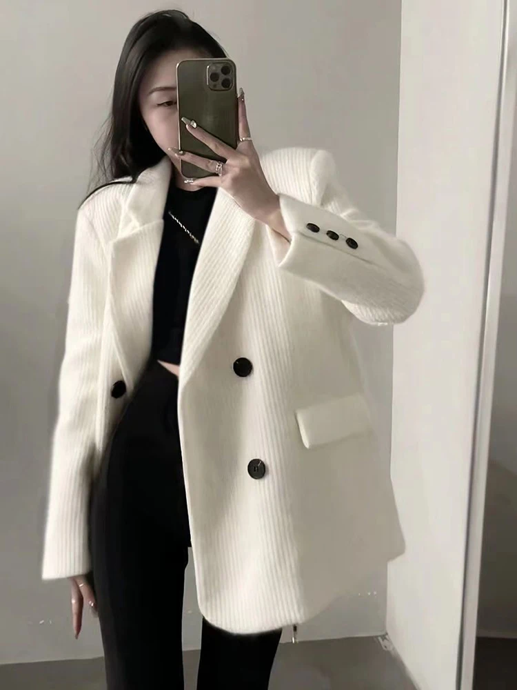 White Corduroy Button Blazers Women Simple Loose Office Lady Elegant Suit Jacket Casual All Match Korean Autumn Winter Outwear