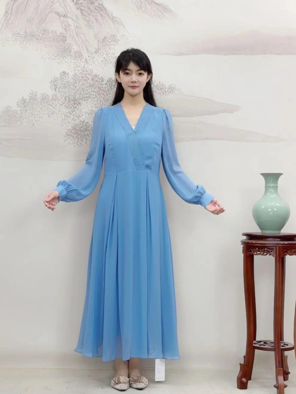 

VOA Жоржет шелковая блузка и платье из оранжевого шелка из органзы с рюшами и v-образным вырезом с длинными рукавами