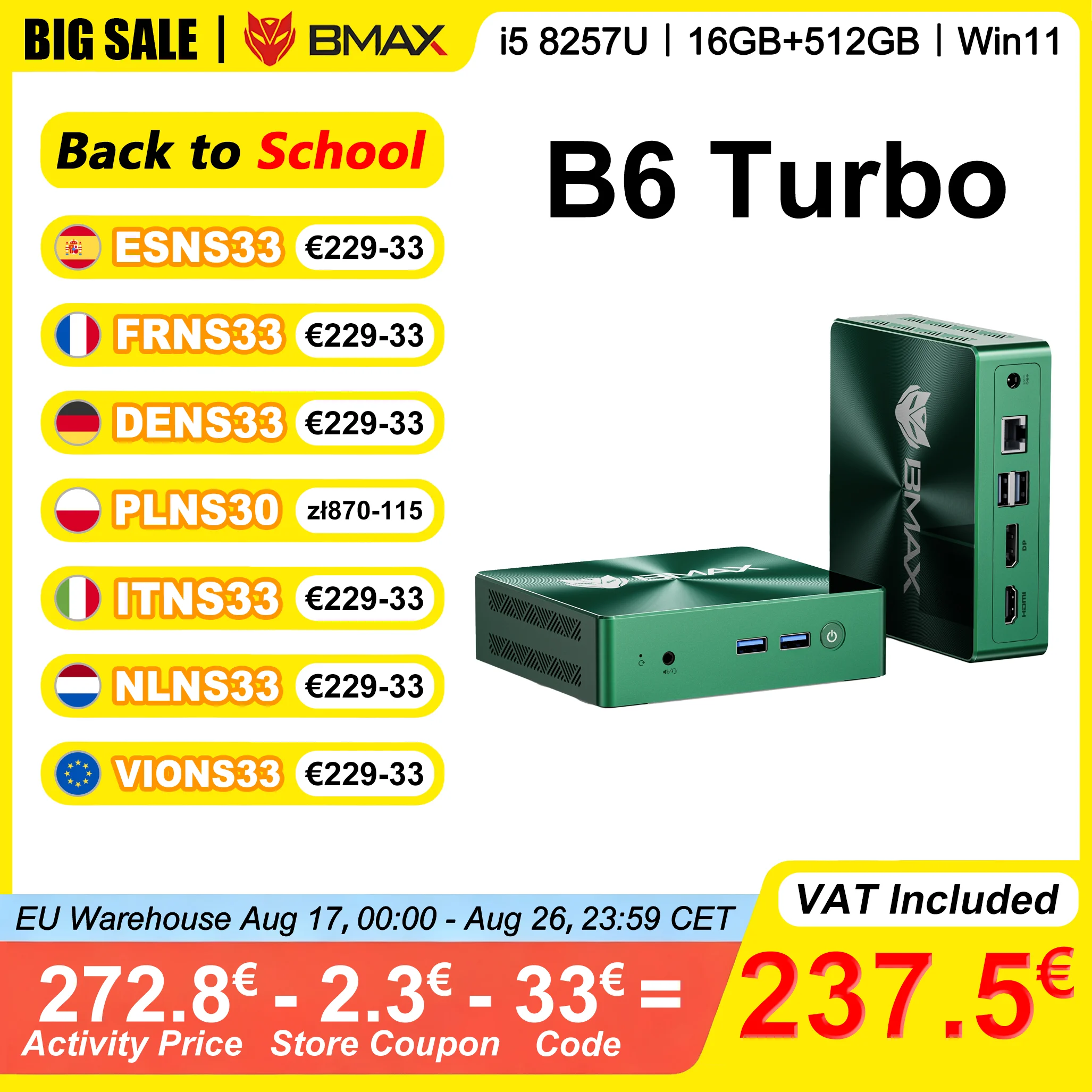 BMAX B6 Turbo Mini-PC 16 GB RAM 512 GB ROM Intel i5 8257U Windows 11 WIFI 6 Intel LRIs Plus Grafik 645 HDMI DP USB