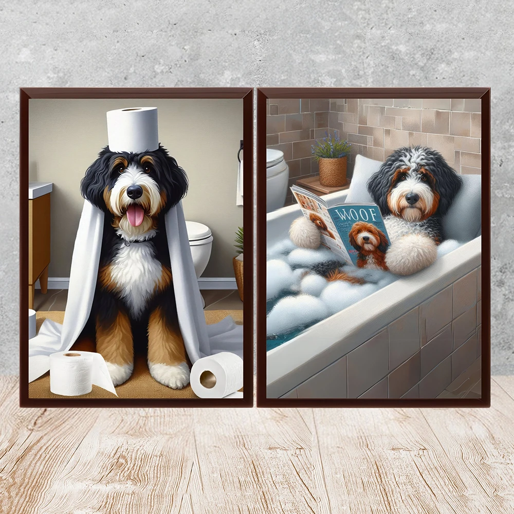 Funny Animals Dog in Bath Reading a Newspaper Prints Bernedoodle Toilet Paper Roll Wall Decor Pictures Bathroom Wall Posters