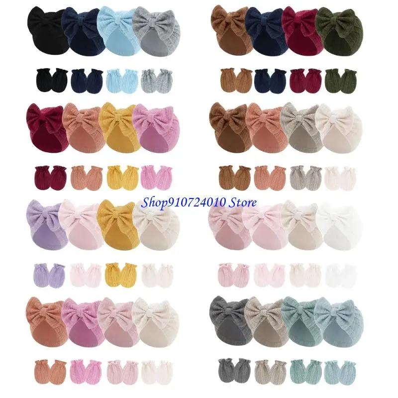 

77HD 4 Set Infant Cotton Bonnet Cap Bowknot Hat Mittens Soft & Breathable Elastic Scratch Resist Protections for 0-6 Month