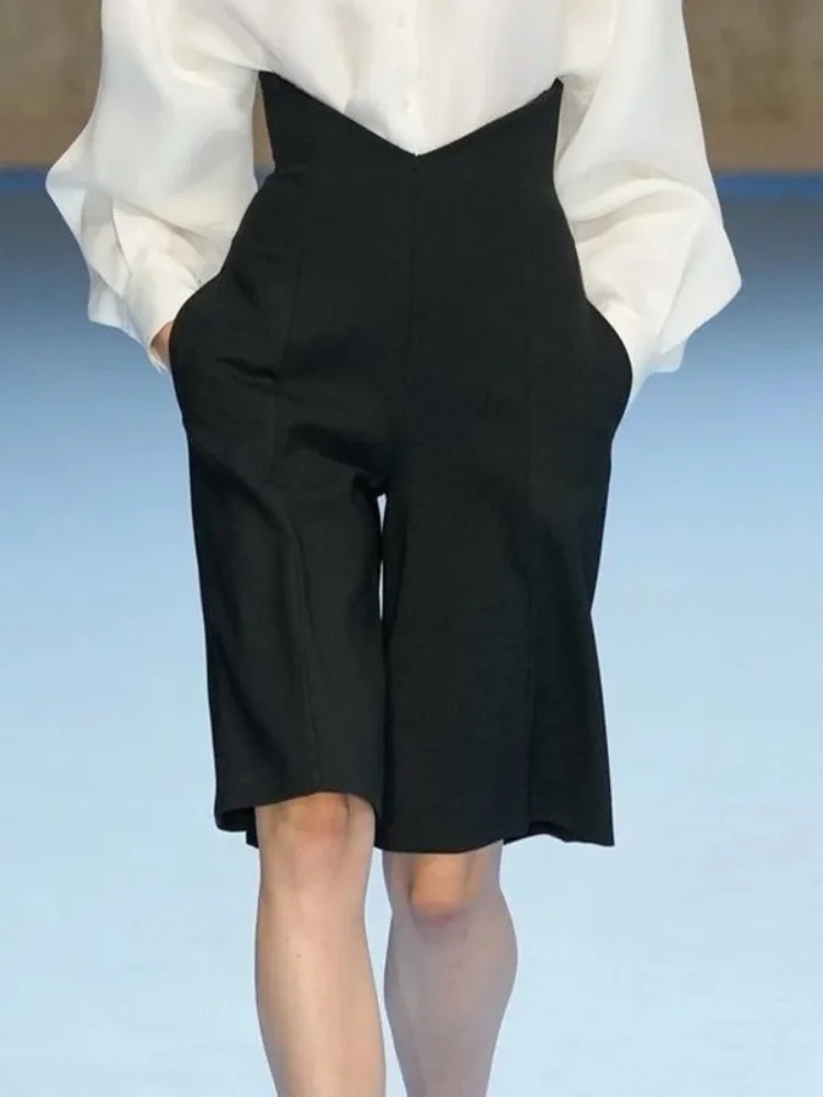 Beautyblue Suit Five-point Pants Women's Shorts Loose Casual Black V-shaped High Waist Luxury Bottoms Ladies Office Clothes 2025