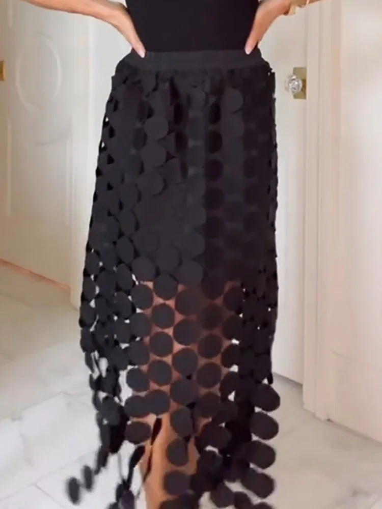 

Summer Women Tassel Patchwork Chic Skirts, Holiday Fashion Simple High Elastic Waist Skirts, New Solid Hollow Ladies Maxi Skirts
