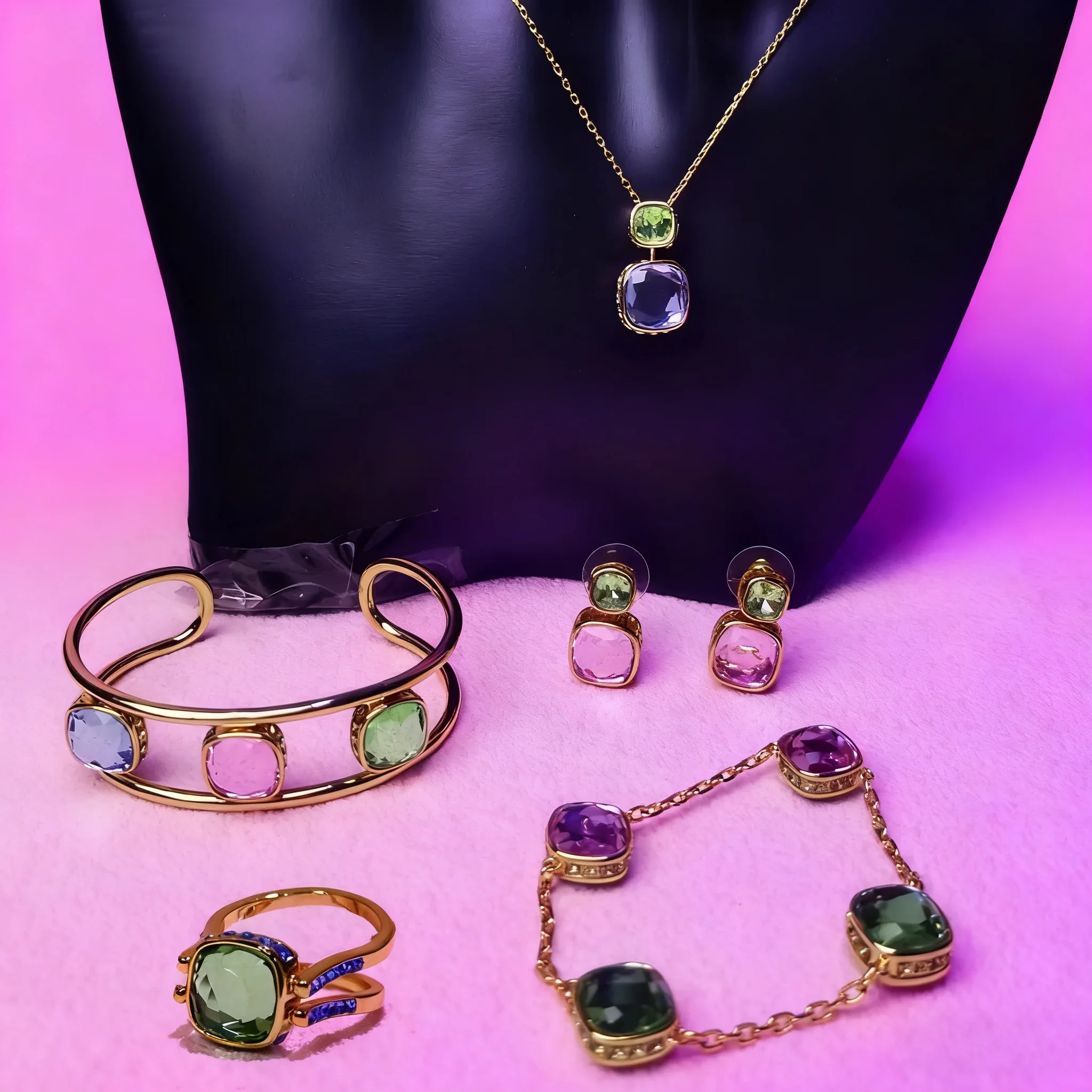 

Новинка 2025 года, оригинальный двухсторонний браслет с кристаллами, женский комплект ювелирных изделий, модное ожерелье из нержавеющей стали, серьги, браслет, кольцо