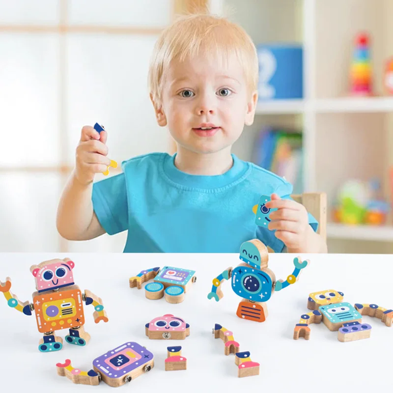 Wooden assembly robot educational children's toys animal dinosaur building block joint rotatable boy and girl baby