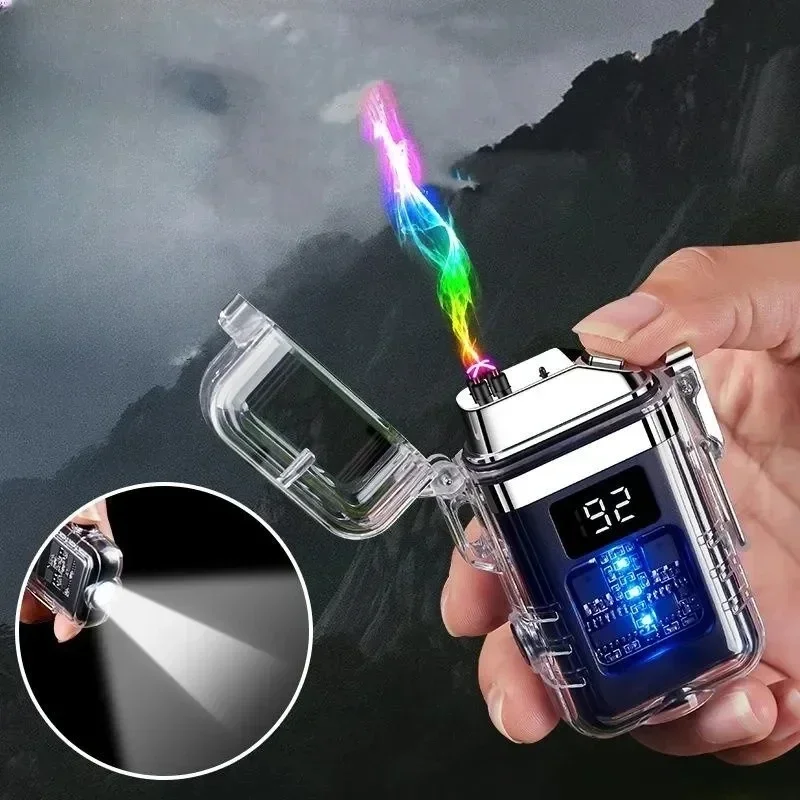 Outdoor Waterproof Windproof USB Rechargeable Dual Arc Plasma Pulse Lighter Flameless LED Display Electric Lighter Men\'s Gifts