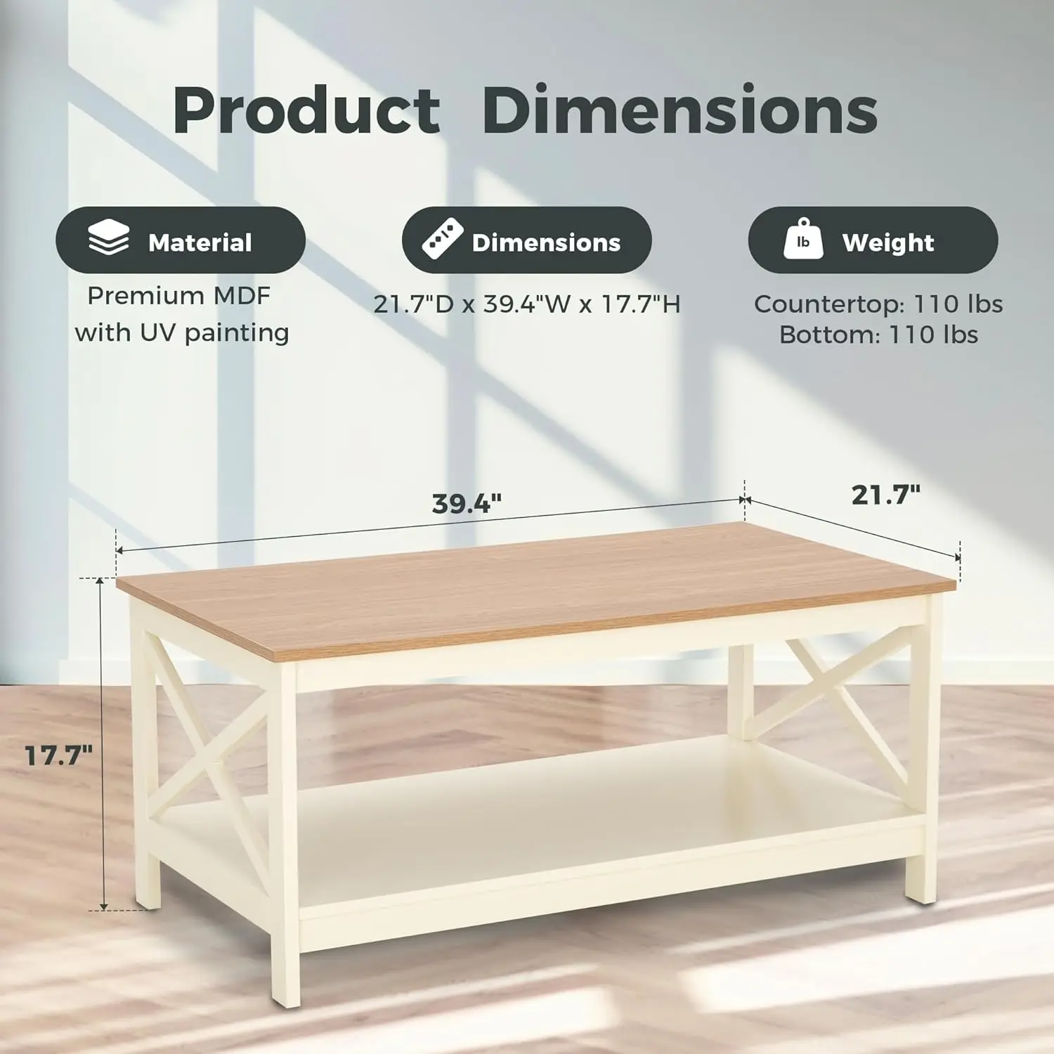 Farmhouse Coffee Table 39'', 2-Tier Coffee Table Set with Storage for Living Room, X-Frame Design Rustic Center Tabl