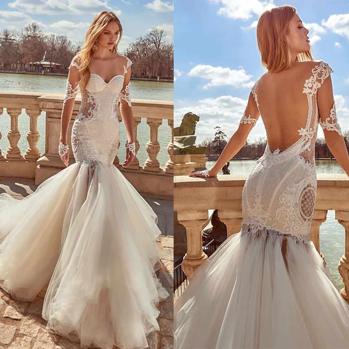 Elegant Mermaid Wedding Dresses New Applique Lace Prom Gown Backless Removable Tulle Sweep Train Vestidos De Novia Customized