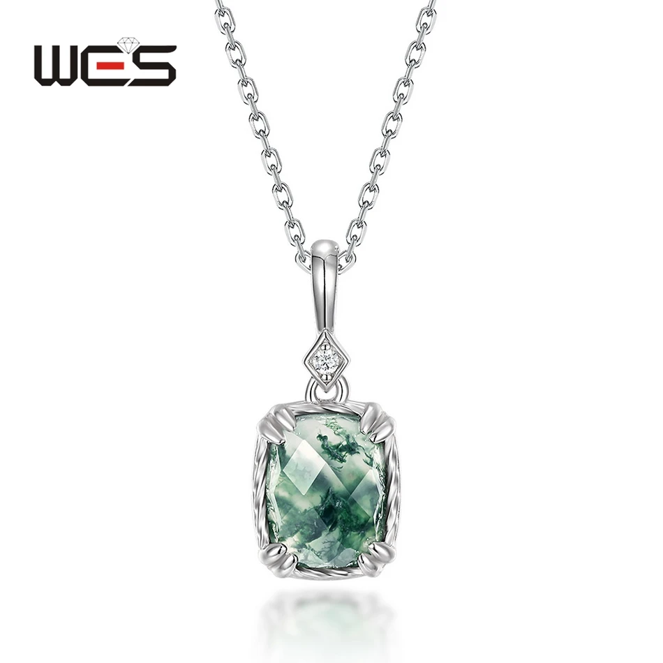 

WES 925 Sterling Silver Crystal Natural Moss Agate Pendant Necklace for Woman Gemstone 7*9mm Engagement Gift Certified Band