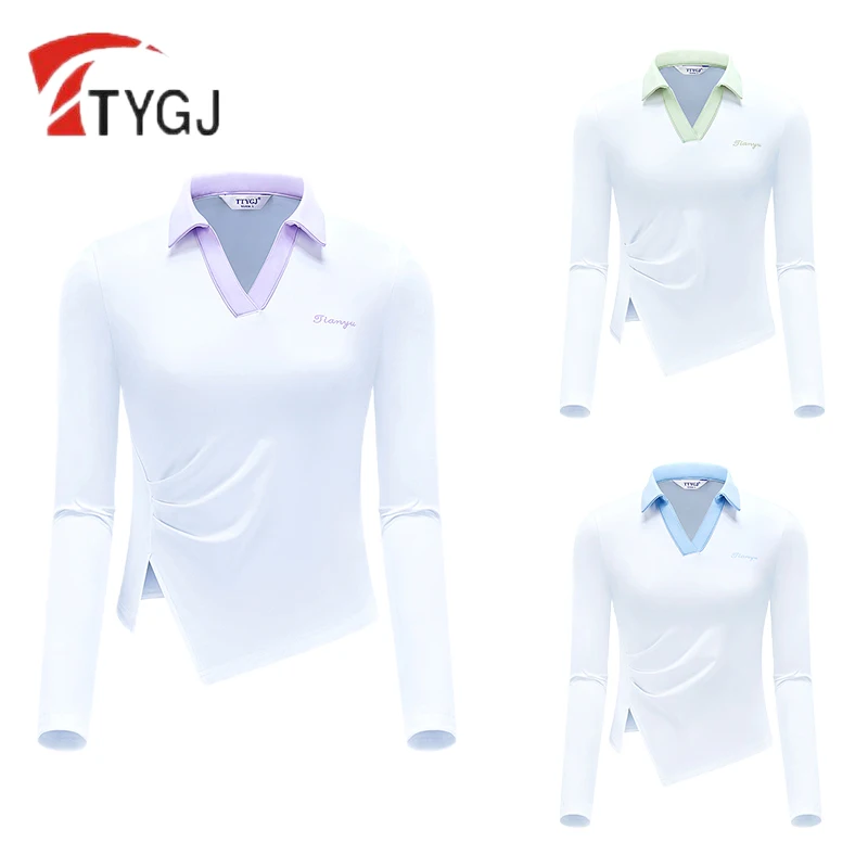 

TTYGJ Women Quick Dry Pleated Golf T-shirt Ladies V-neck Long Sleeve Tops Women Breathable Split Golf Shirt Leisure Sportwear