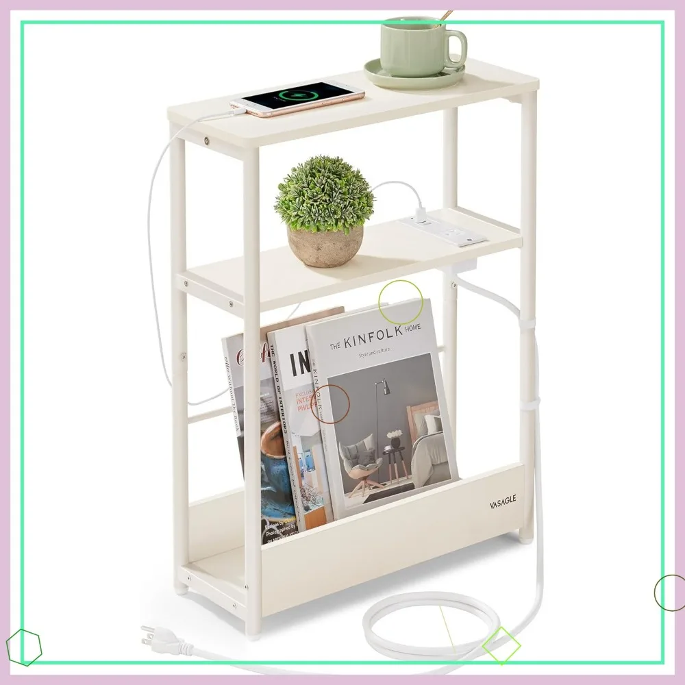 Compact Side Table with Charging Station, 3-Tier Nightstand for Small Spaces, Cream White