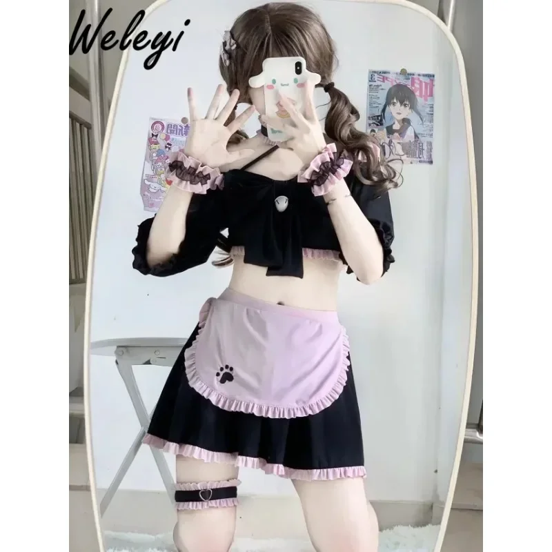 Jirai Kei Lolita Swimsuit Sweet Women\'s Clothing 2024 Summer Cute Maid Beach Yarn Top Bow Black White Two Piece Fashion Swimwear