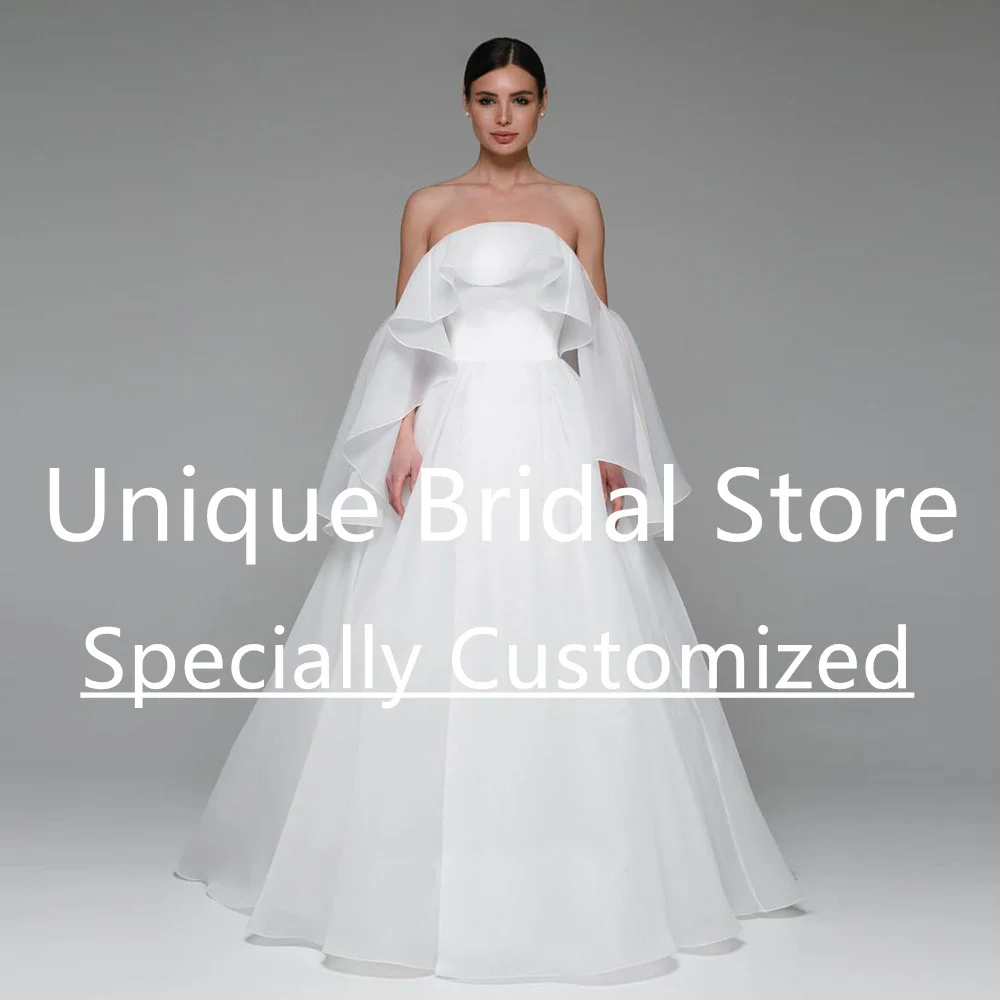 

Organza A-Line Bridal Dress Off The Shoulder Strapless Ruffle Women's Pleated Backless Back Lace up Sweep Train Vestido De Noiva