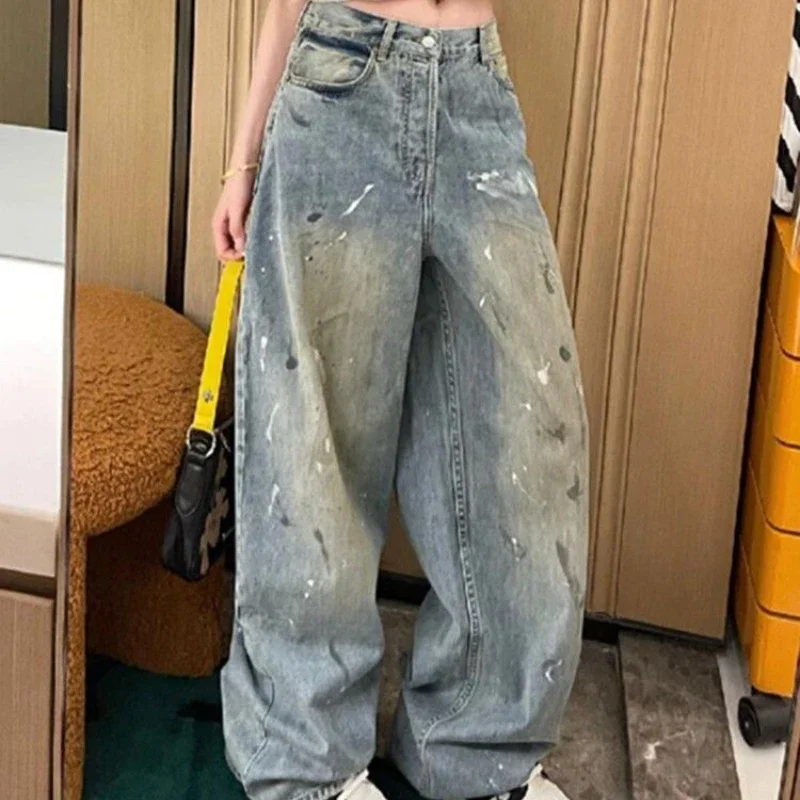 

Чернила для старых стирок в стиле ретро, широкие летние дизайнерские нишевые джинсы с высокой талией для женщин, узкие прямые брюки