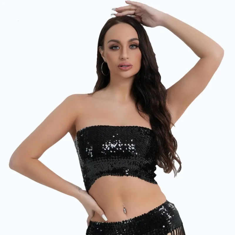 

New Sequined Tube Top Stage Costume Sexy High Elastic Sequin Wrapped Chest Belly Dance Costume Top for Women