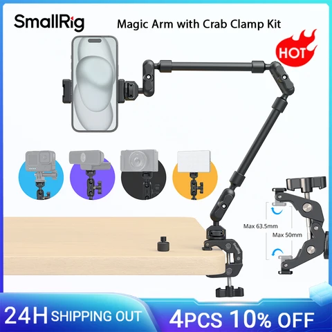 Braço mágico SmallRig com kit de braçadeira de caranguejo, suporte de tripé de mesa ajustável, braço de lança, para smartphones webcams câmeras de ação 4766