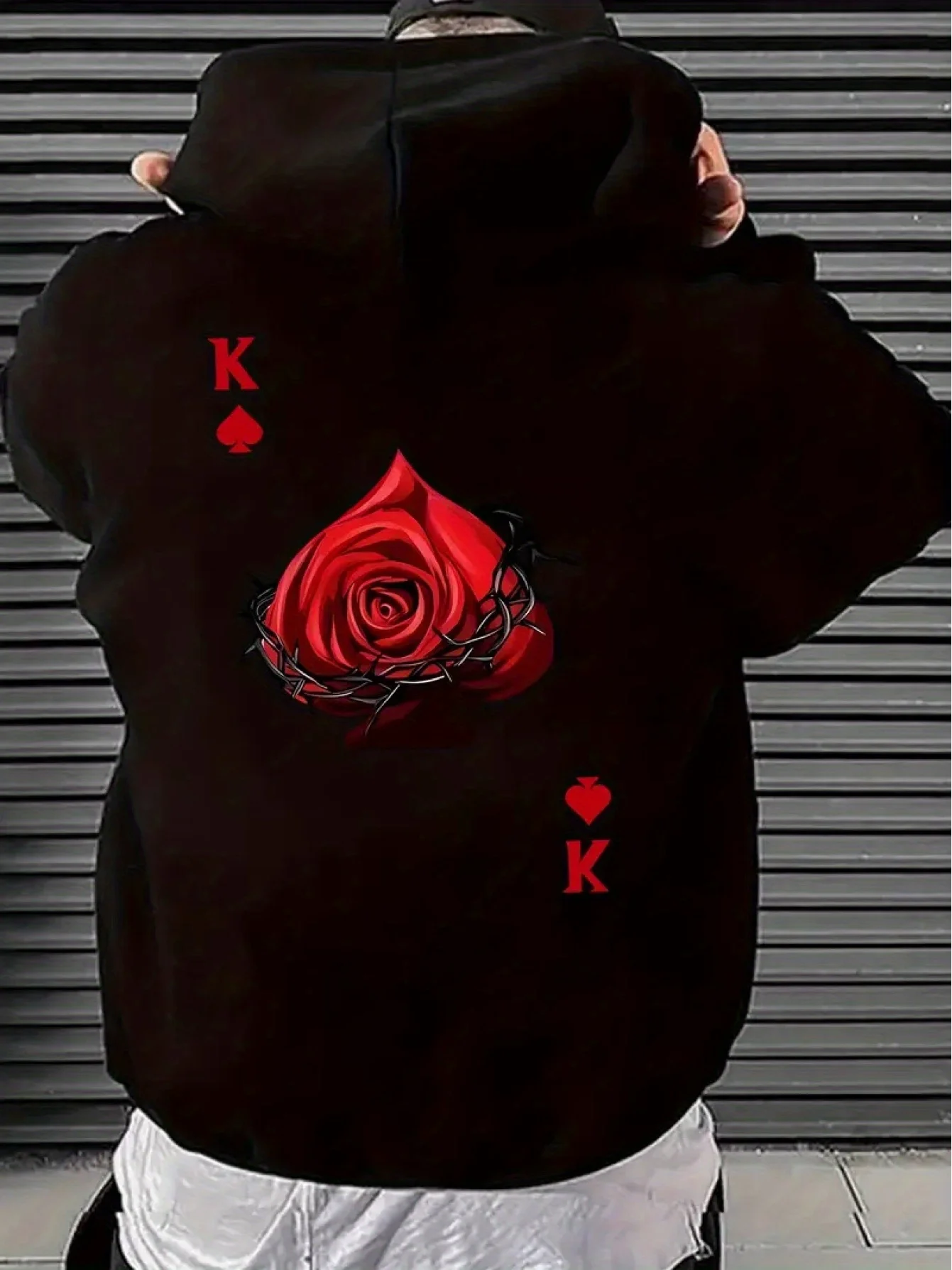 

Men's Black Hoodie - King of Hearts Poker Design with Red Rose Back Print, Machine Washable Hooded for Casual