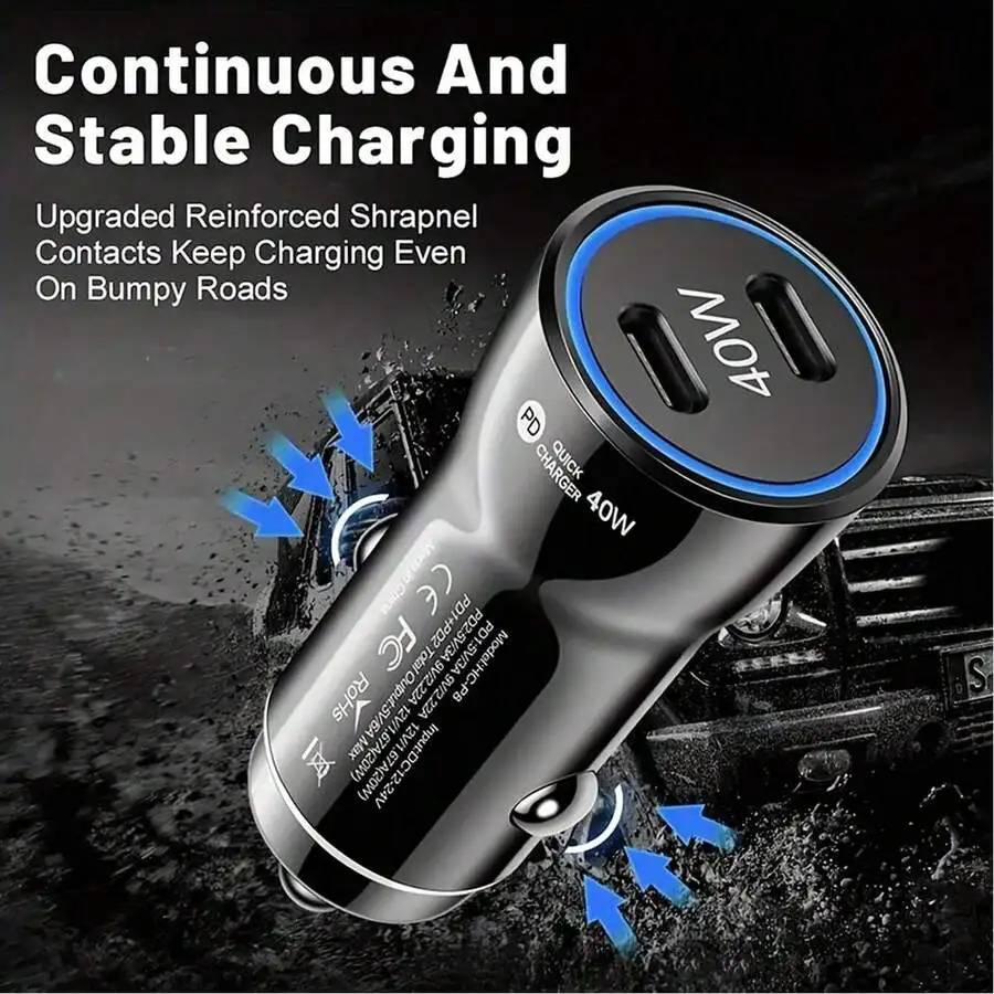 

40W Dual Port USB-C PD Car Charger With Quick Charge 3.0 For Stable Fast Charging On Bumpy Roads