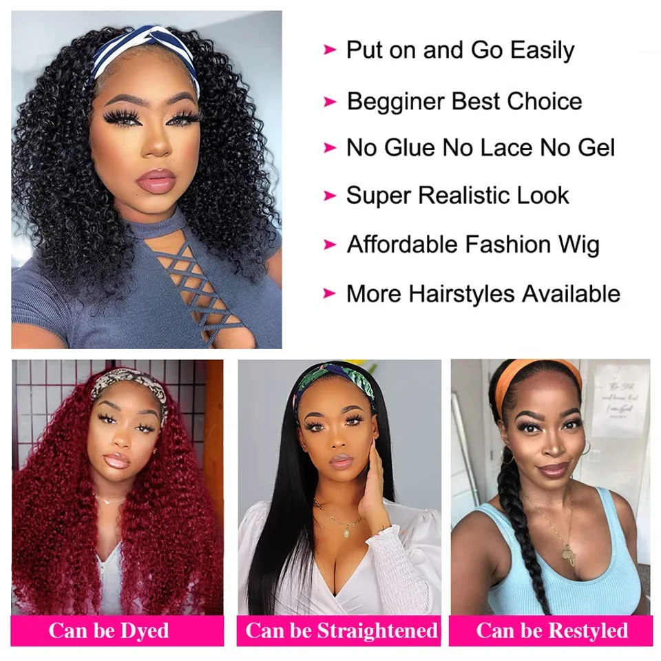 30 بوصة مجعد عقال الباروكات شعر الإنسان Density180 كامل آلة صنع وشاح عقال شعر مستعار ارتداء والذهاب مجعد غلويليس الباروكات شعر الإنسان