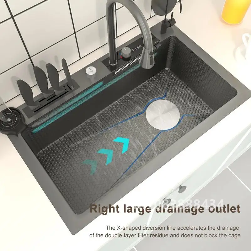 Fregadero de cocina de cascada con pantalla Digital, fregadero grande de acero inoxidable Nano con ranura única, lavabo bajo encimera en relieve de panal