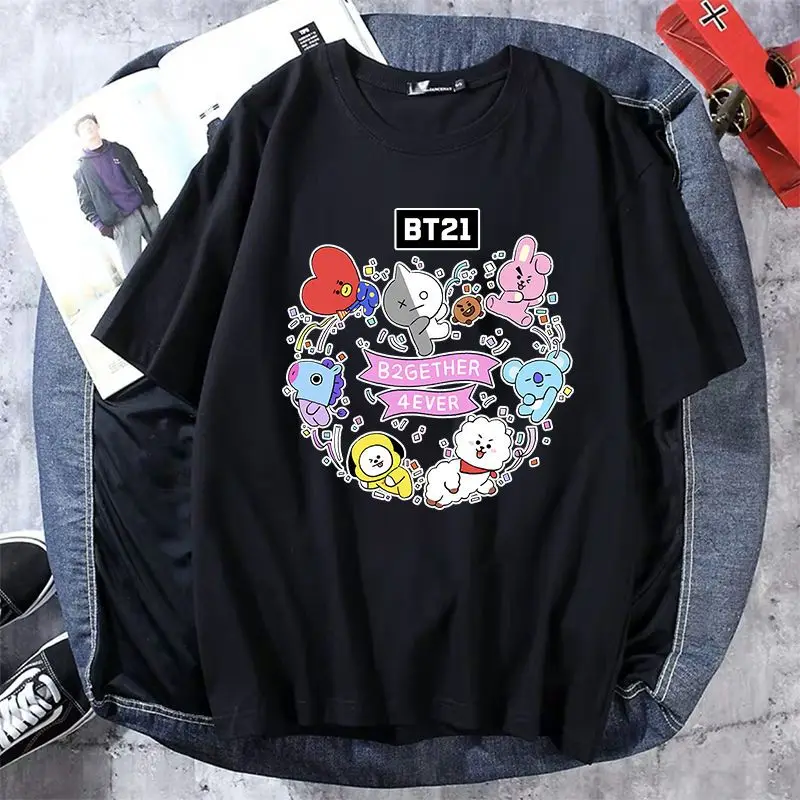 Summer new BT21 loose T-shirt top cute cartoon thin parent-child black and white short sleeves Children\'s holiday gifts